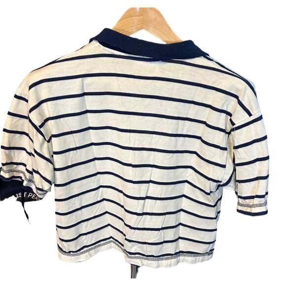 Vintage DEB Navy White Striped Crop Polo Embroidered Crest Short Sleeve Top Sz L - Picture 2 of 9